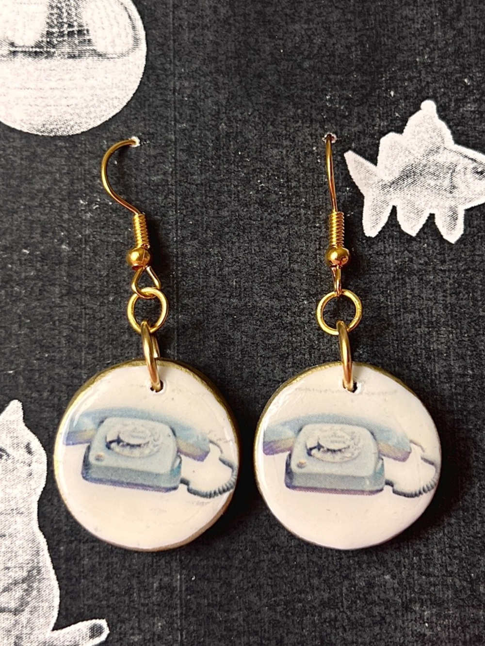 The Olive Universe Whimsical Telephone Drop Earrings - White & Gold